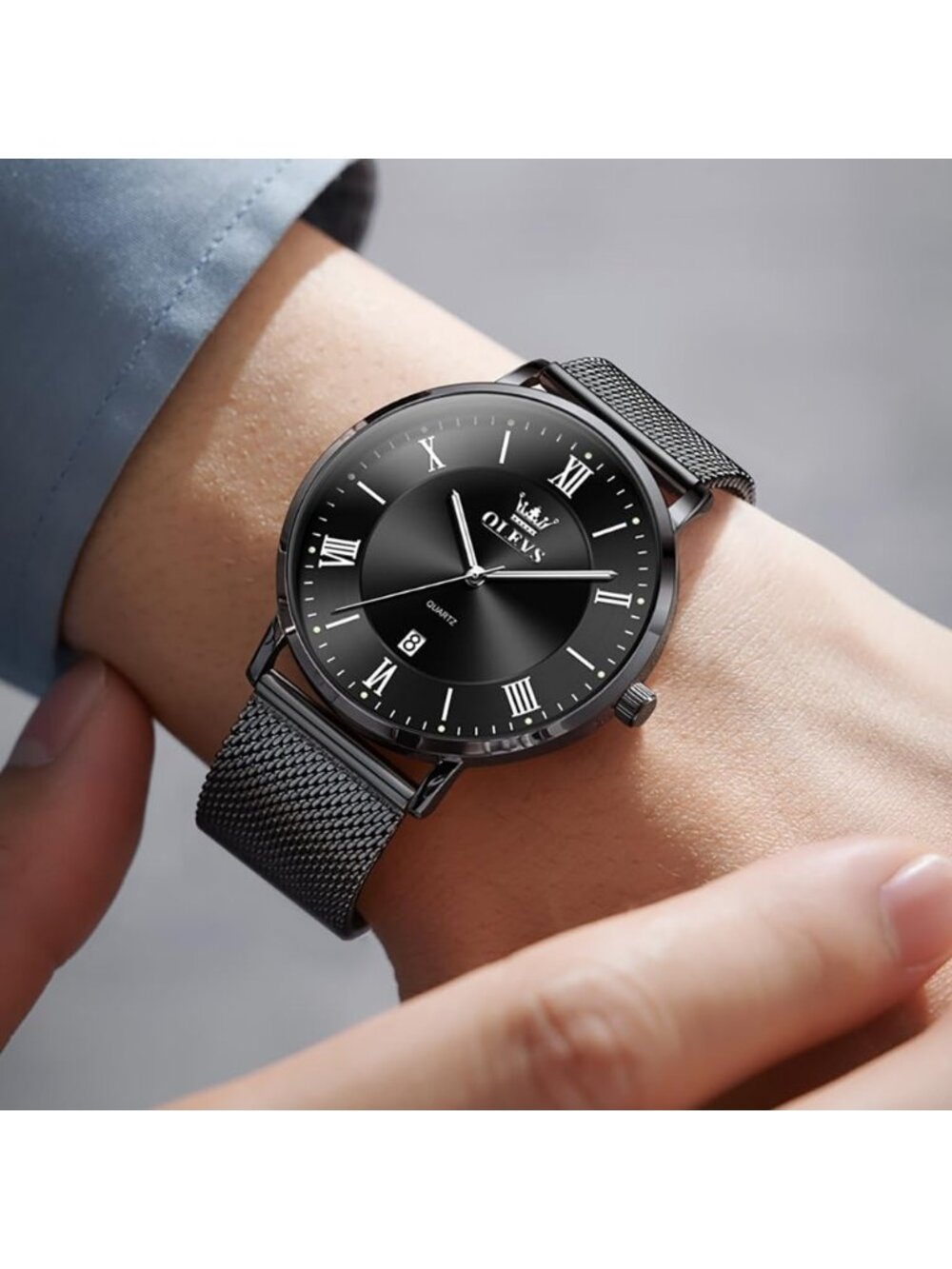 Men's All Black Analog Quartz Mesh Strap Luxury Luminous Waterproof Round Watch - Picture 2 of 6
